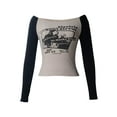 thumbnail image 2 of Yunliwuli Women Long Sleeve Short T-Shirts Letter Vintage Print Boat Neck Shirts Spring Fall Slim Fit Tops Streetwear, 2 of 10