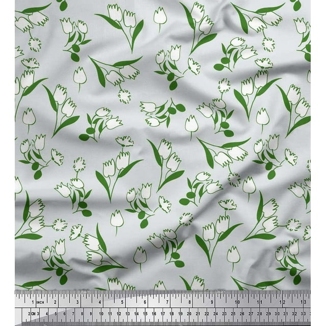 Soimoi Green polyester Crepe Fabric Leaves & Tulip Floral Printed Fabric 1 Yard 42 Inch Wide