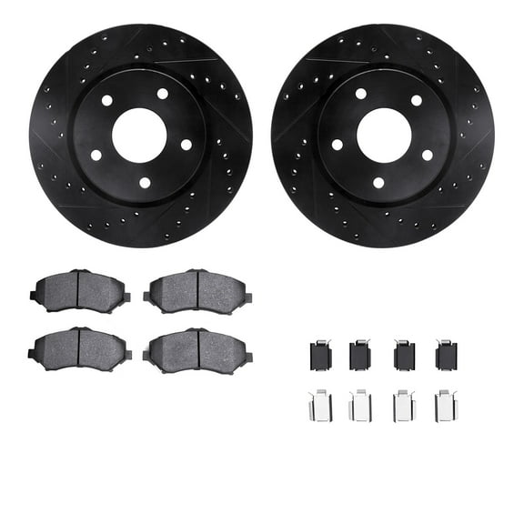 Dynamic Friction Company Front Brake Rotors-Drilled and Slotted-Black with Ultimate Duty Performance Brake Pads includes Hardware 8412-40020
