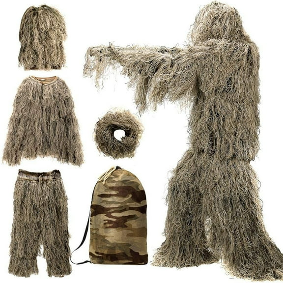 KIHOUT Sports Safety 5 in 1 Ghillie Suit, 3D Camouflage Hunting Apparel Including Jacket, Pants, Hood, Carry Bag