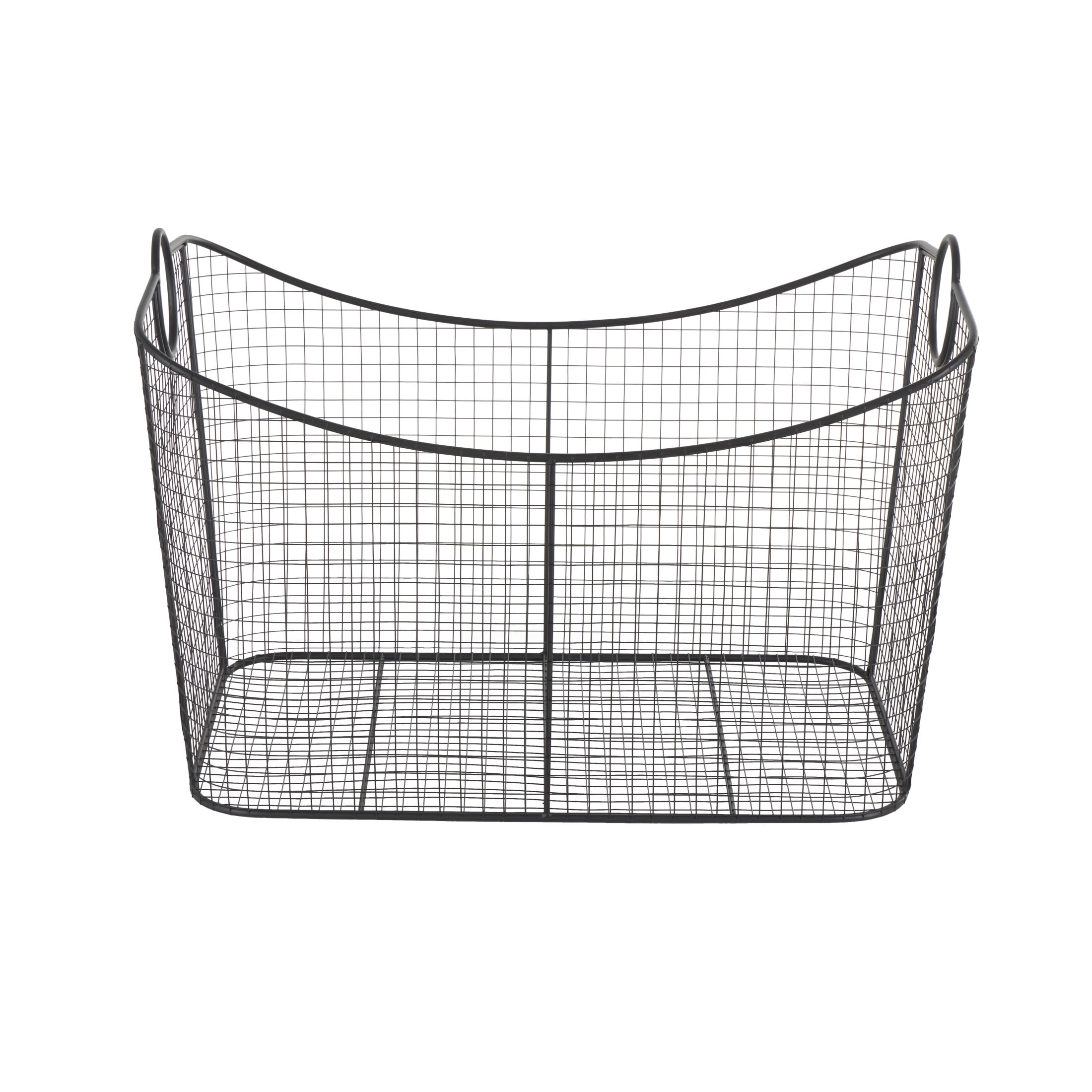 DecMode 30" x 20" Black Metal Large Open Frame Wire Grid Storage Basket with Curved Sides and Ring Handles, 1-Piece