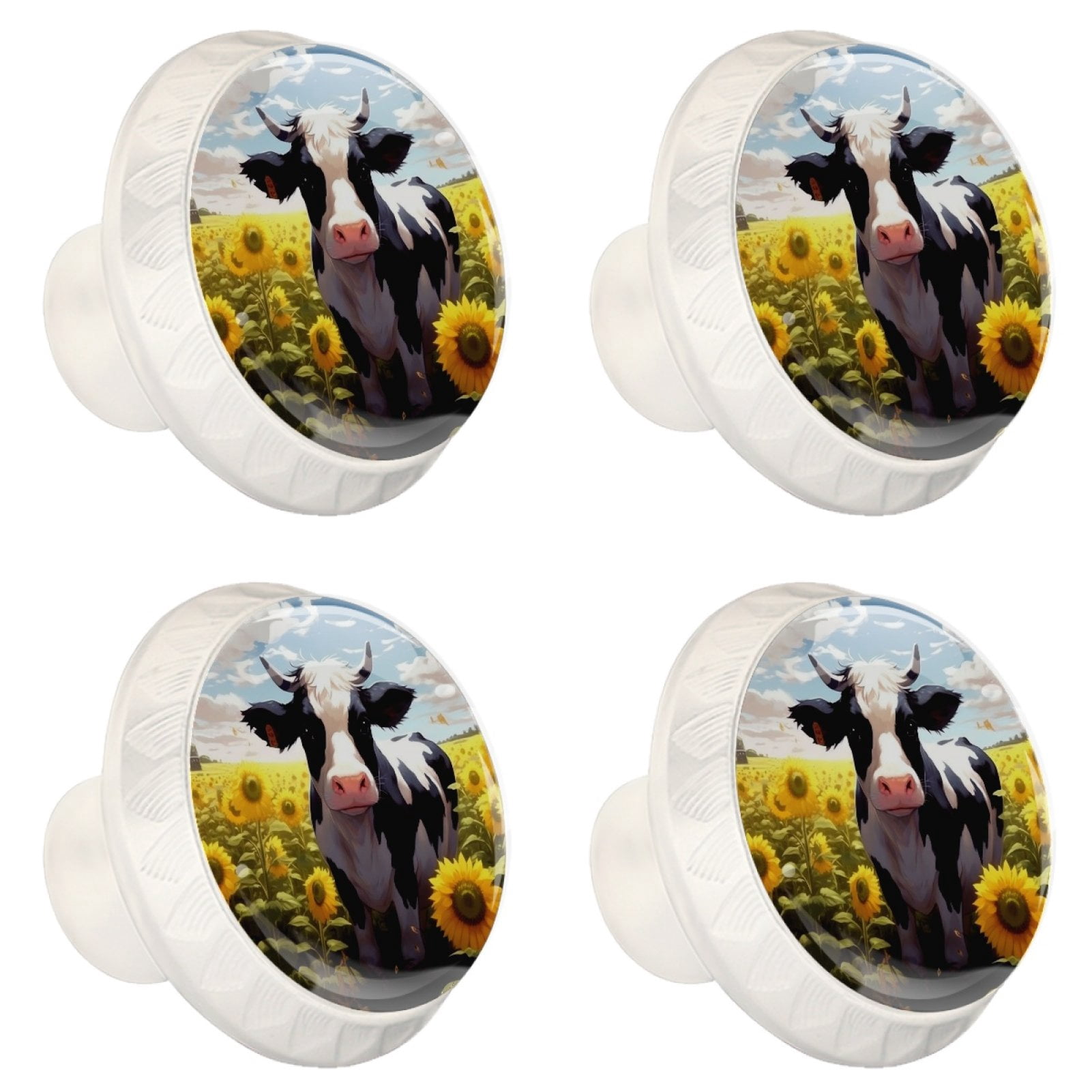 4 Pcs Cow and Sunflower Knobs for Kitchen Cabinet Cupboard Dresser Bookcase Drawer Pulls Handles Round Home Decor