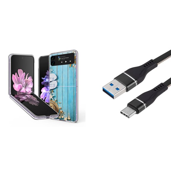 Bemz Premium Bundle for Samsung Galaxy Z Flip 3 5G: Slim Snap-On Protector Case (Blue Sea Shells), Nylon Braided USB-C to USB-A Cable (3 Feet)