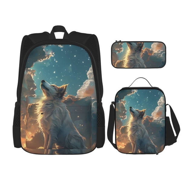 Balery Starry Sky Cloud Wolf Mochila escolar 3 en 1 para niños: mochila resistente con lonchera térmica y estuche para lápices. Mochila escolar para niños y niñas.