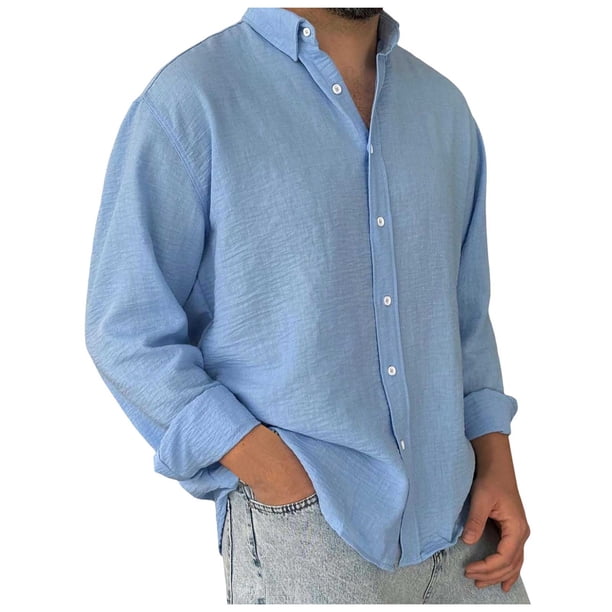 Camisa lavada de manga larga con botones para hombre: color liso, poliéster, cómoda y holgada para todas las ocasiones