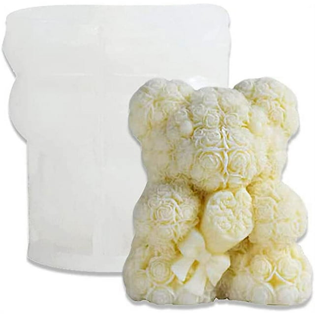 Xiao Hua Moldes de silicona para hacer velas de aromaterapia, velas de resina, pilar, cera, jabón, flor, arcilla, para San Valentín, boda, oso de rosas 3D con vela rosa.