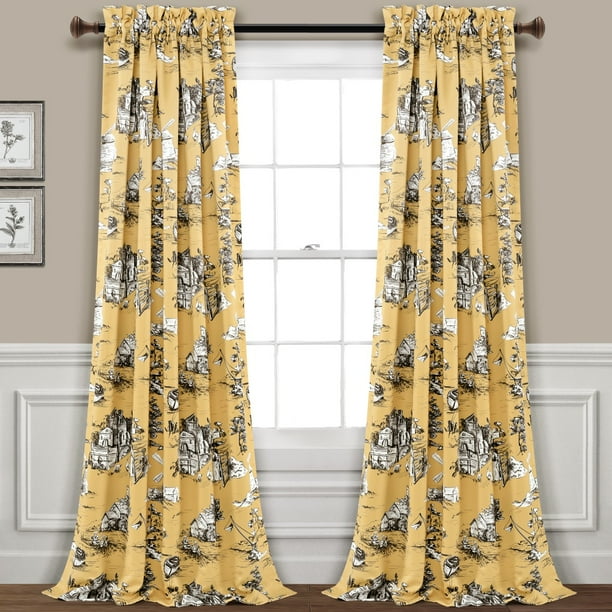 French Country Toile Room Darkening Window Curtain Panels Yellow/Gray
