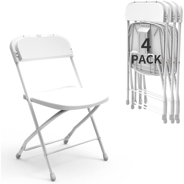 Metal Folding Chairs 4 Pack, Portable Stackable Seat with Steel Frame and Comfortable Seating, Foldable Party Chair Set for Office, Waiting Room, Party, White (Plastic-White, 4 Pack)