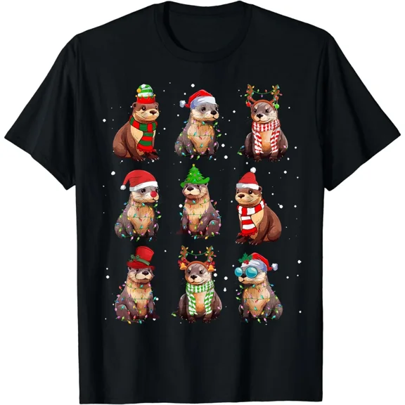 Otters Holiday Lights Festive Sea Animal Cute Winter Humor Unisex T-Shirt up to size 5XL