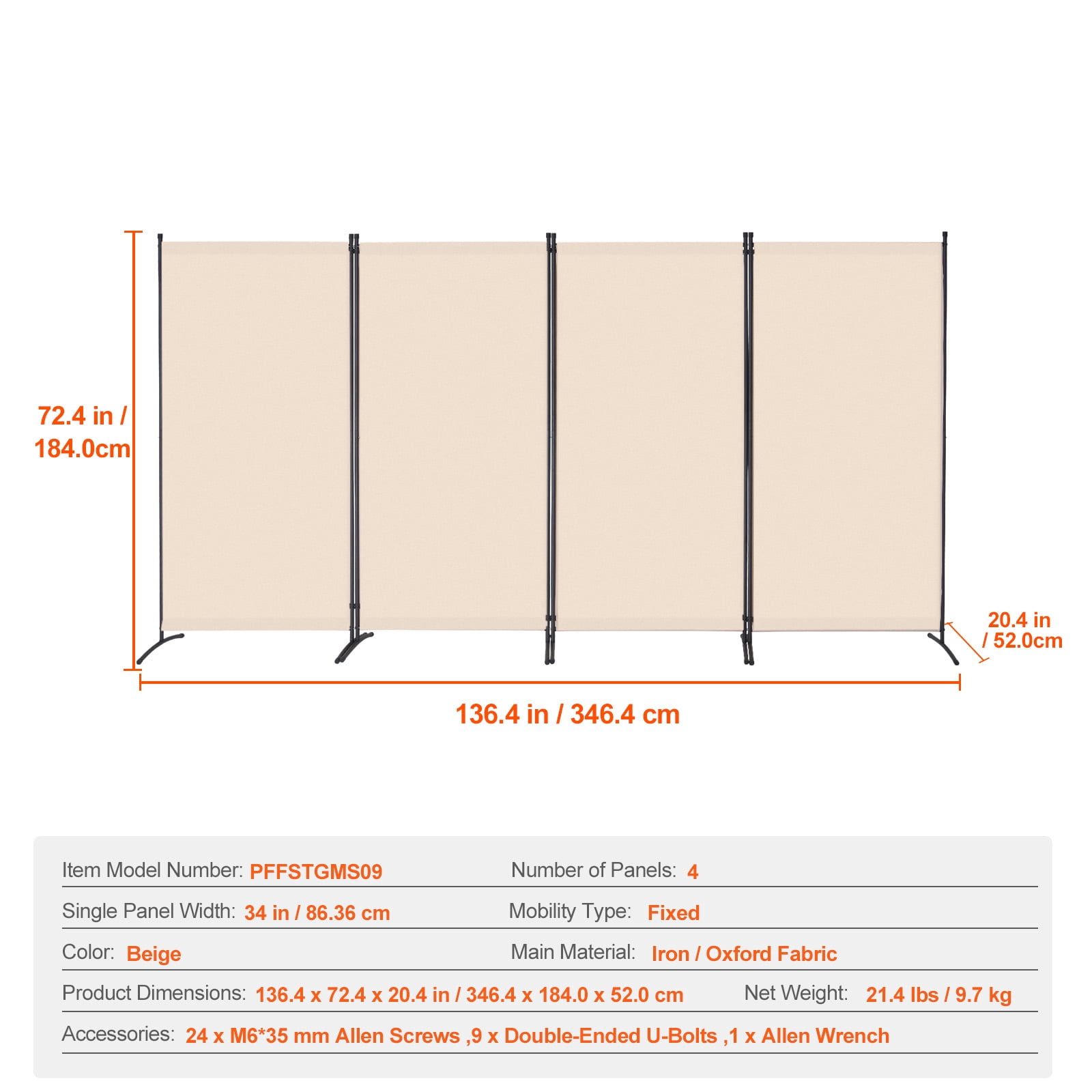 KFFKFF Area Separator, Quadruple Panel Space Divider, Collapsible Seclusion Screen and Detachable Space Divider for Room Segregation, Self-supporting Area Partitions for Workspace, Sleeping Area