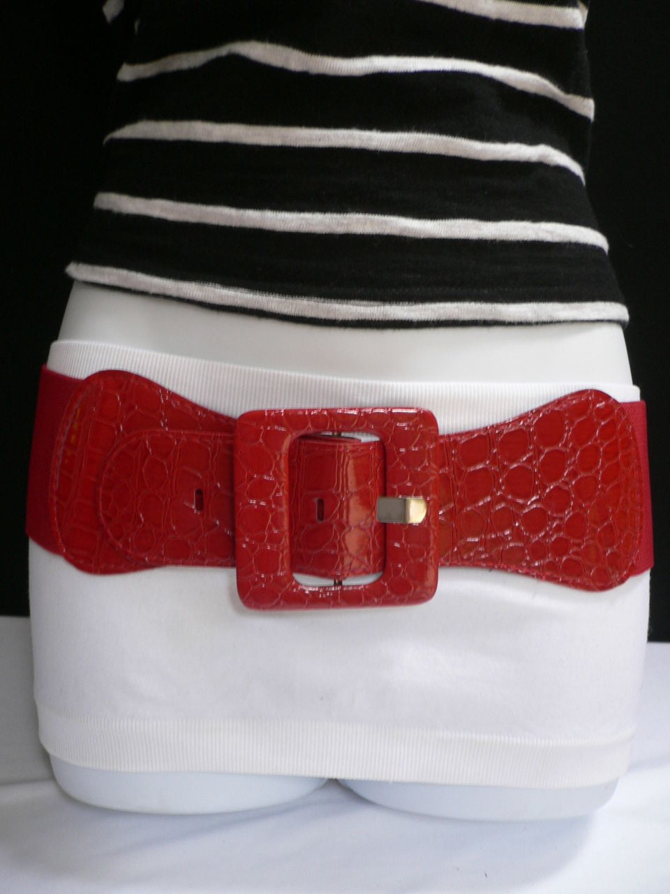Women waist elastic red fashion belt gold metal square buckle plus size M L XL 