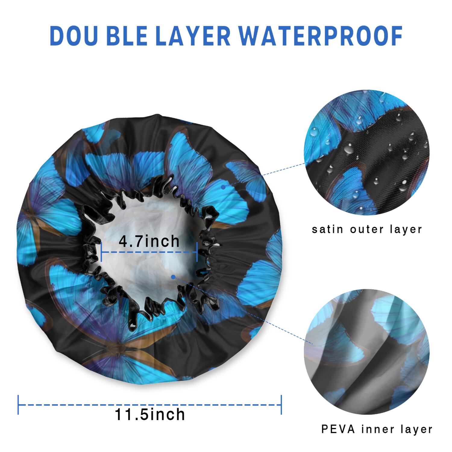 Shower Caps,Black Blue Butterfly Pattern Waterproof Shower Cap for Women 4 Pieces,Double Reusable Hair Cover for Shower PEVA Elastic Stretch Hem