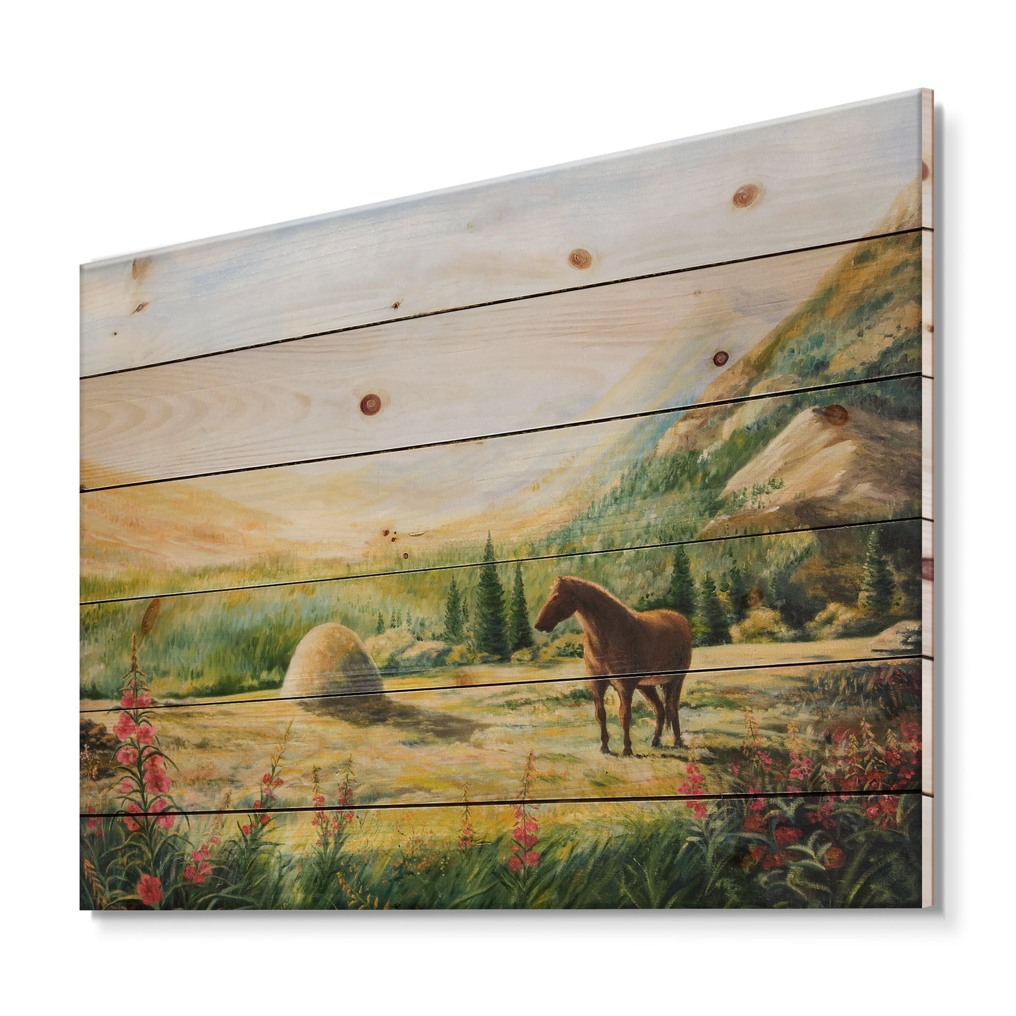 Designart 'Sunrise In The Mountains With Horse' Farmhouse Print on Natural Pine Wood