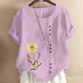 thumbnail image 1 of ICHUANYI Clearance Women's Short Sleeved Casual Plus Size Round Neck Flower Printed Loose Button Cotton Linen Top(Red, S) ICHUANYI WER2023080802808, 1 of 5