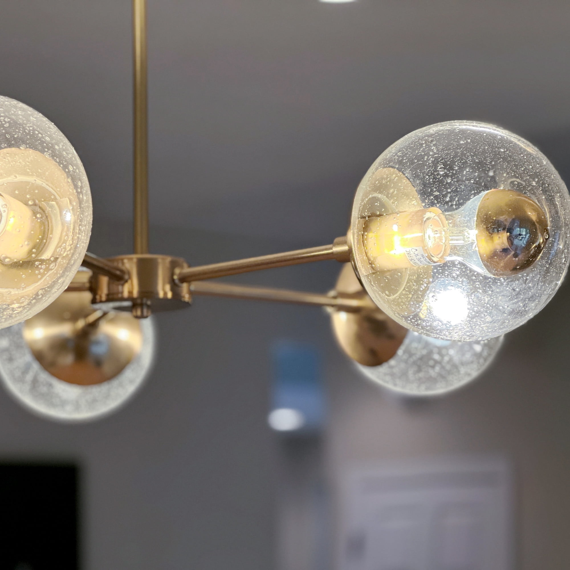 Satin Gold 5-Light Chandelier, Clear Seedy Glass Globe Shades, Dimmable, Sloped Ceiling Compatible