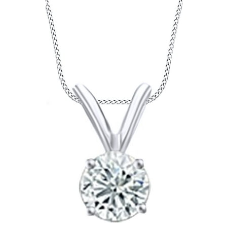 - Round Cut White Natural Diamond Solitaire Pendant Necklace In 14k White Gold