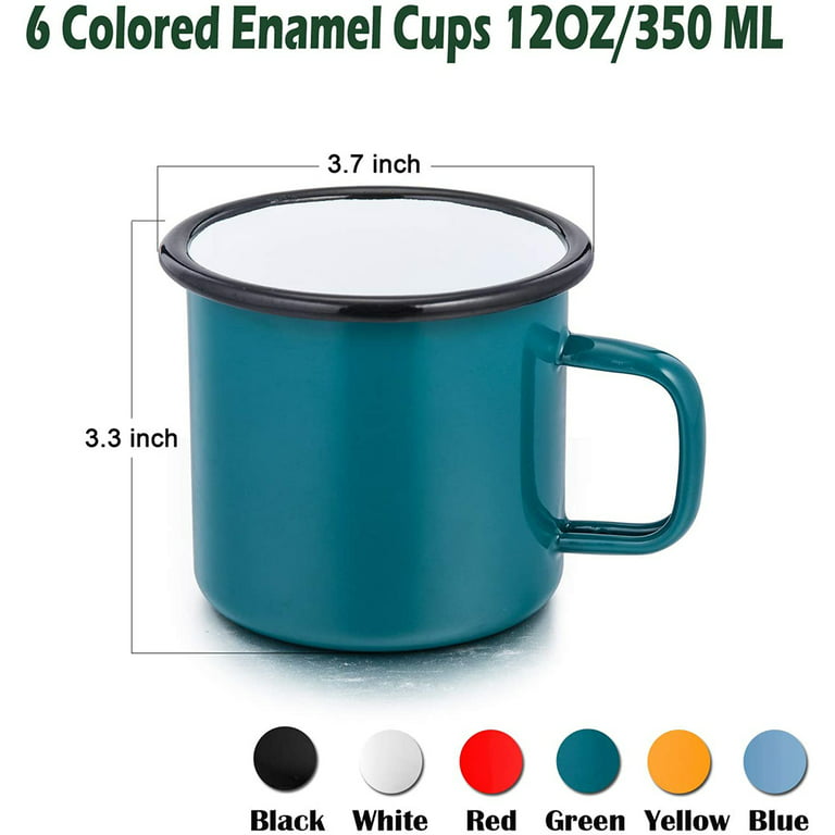 Enamel Camping Mug Set of 6, E-far 16 Ounce Colourful Metal Enamel Coffee Tea Cups Mugs for Camping Hiking Backpacking, 2-Sided Unique Graphic Design