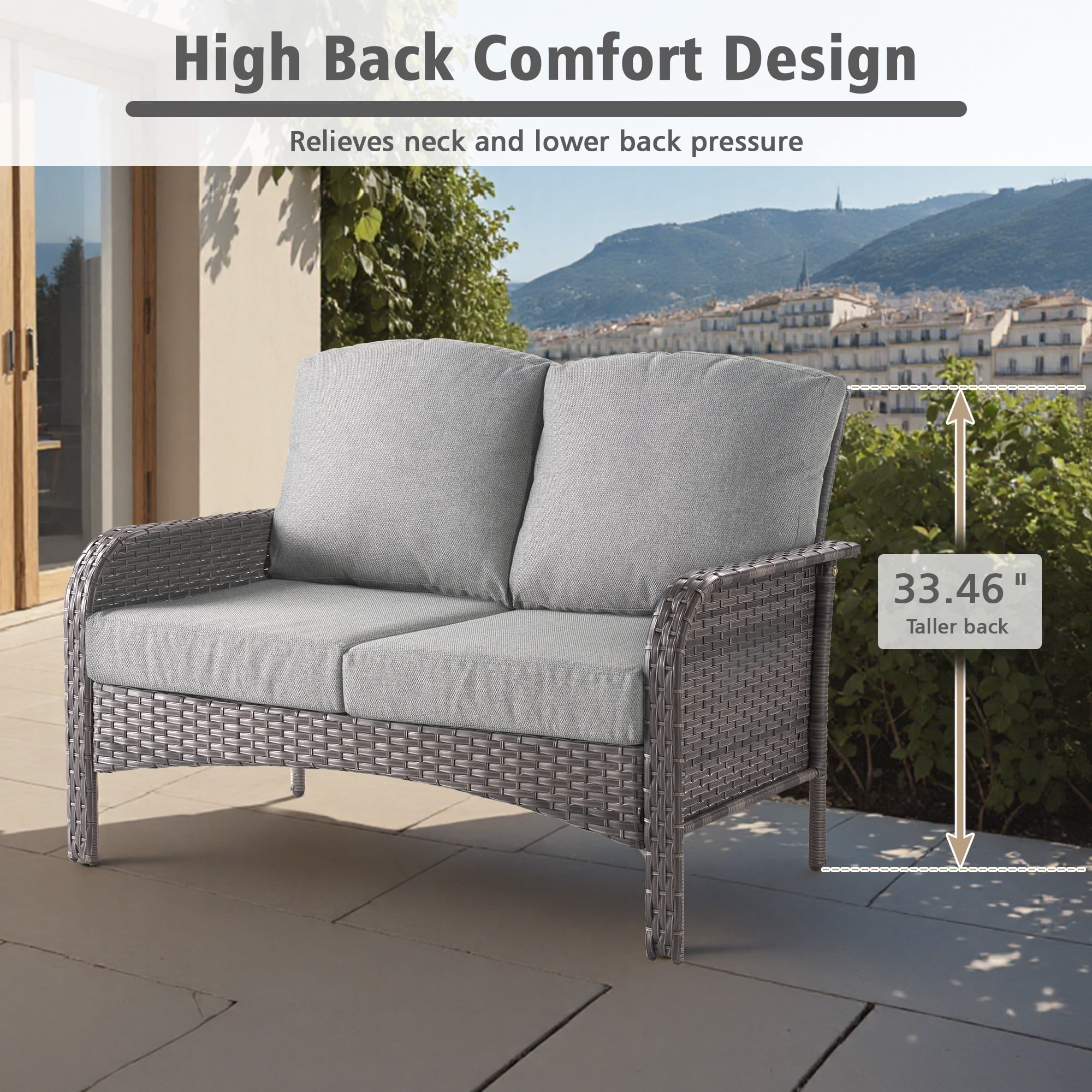 Ovios 2 Pieces Outdoor Patio Furniture High Back Wicker Rattan Outdoor Sectionals Set with Table for Backyard Balcony