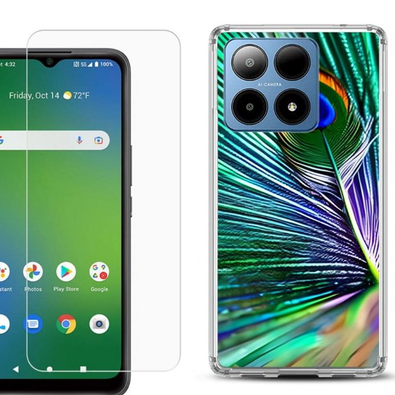 For Boost Mobile Summit 5G Shockproof Phone Case Cover with Tempered Glass Screen Protector, by OneToughShield - Peacock Feather