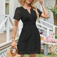 thumbnail image 4 of UsYezik Women's Dress Short Sleeve V Neck Holiday Dresses Smocked Waist Tiered Cute Casual Dress Fashion Lace Eyelet Mini Sundress Black XXL, 4 of 5