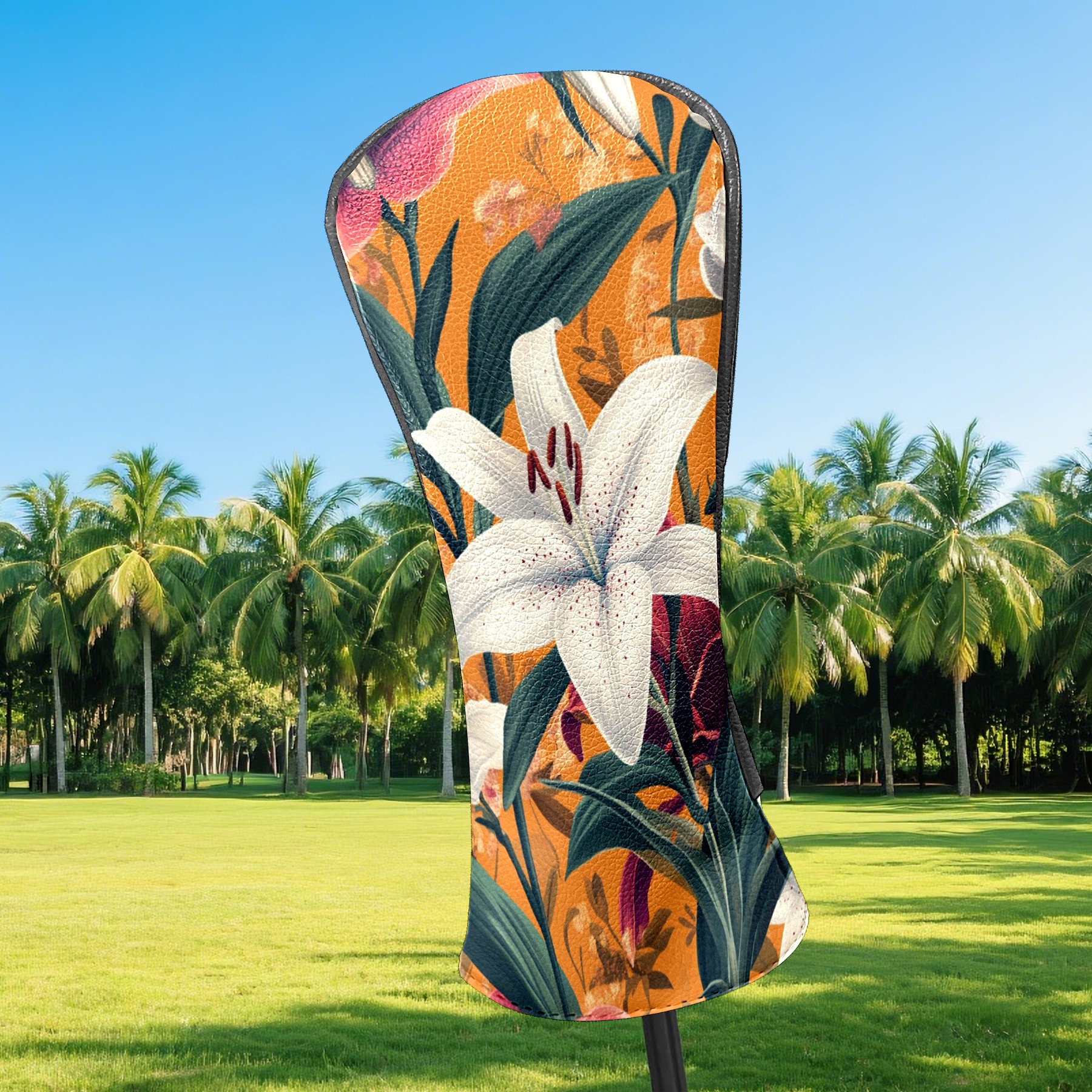 Golf Club Covers PU Leather Waterproof Head Covers for Fairway Woods Hybrids Lily Orchid Flowers