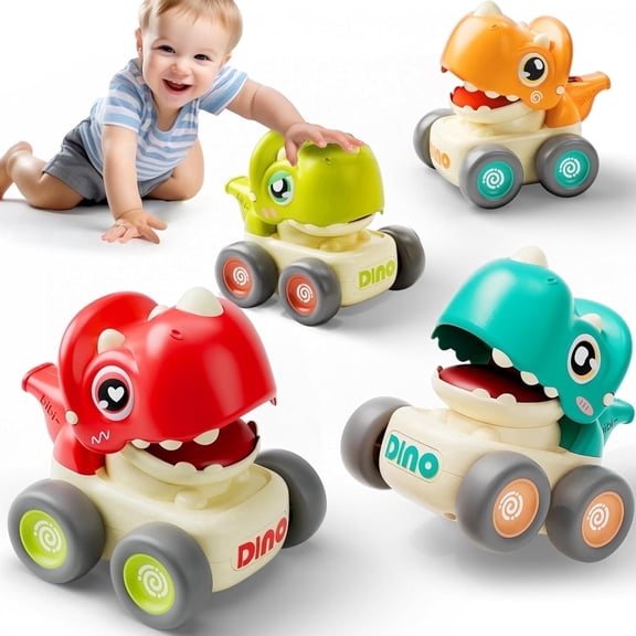 Dinosaur Toy Cars for Toddlers 1-3, Press and Go Friction Powered Dinosaur Trucks for 1 Year Old Boy Girl Birthday Gift, No Battery Toddler Toy Car Set for 12-24 Months Baby