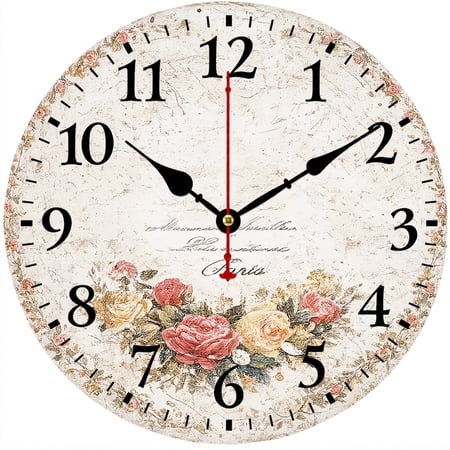 9.84 Inch Vintage Rose Wall Clock, French Country Farmhouse Floral Decorative Battery Operated Round Analog Clock with Easy to Read Numbers for Kitchen Living Room Bedroom Home Decor