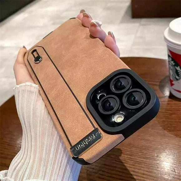 Étui de Téléphone en Cuir Suédé de Luxe avec Sangle de Poignet en TPU Souple pour iPhone 15 11 12 13 14 Pro Max 15Plus Antichoc Pare-Chocs ZR
