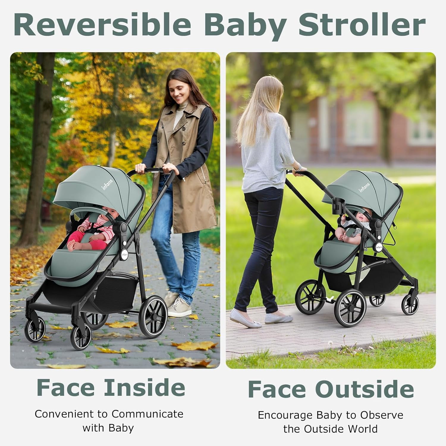 INFANS 2 in 1 Baby Stroller, High Landscape Infant Stroller, Foldable Pushchair with Adjustable Canopy, Cup Holder, Storage Basket, Suspension Wheels (Green)