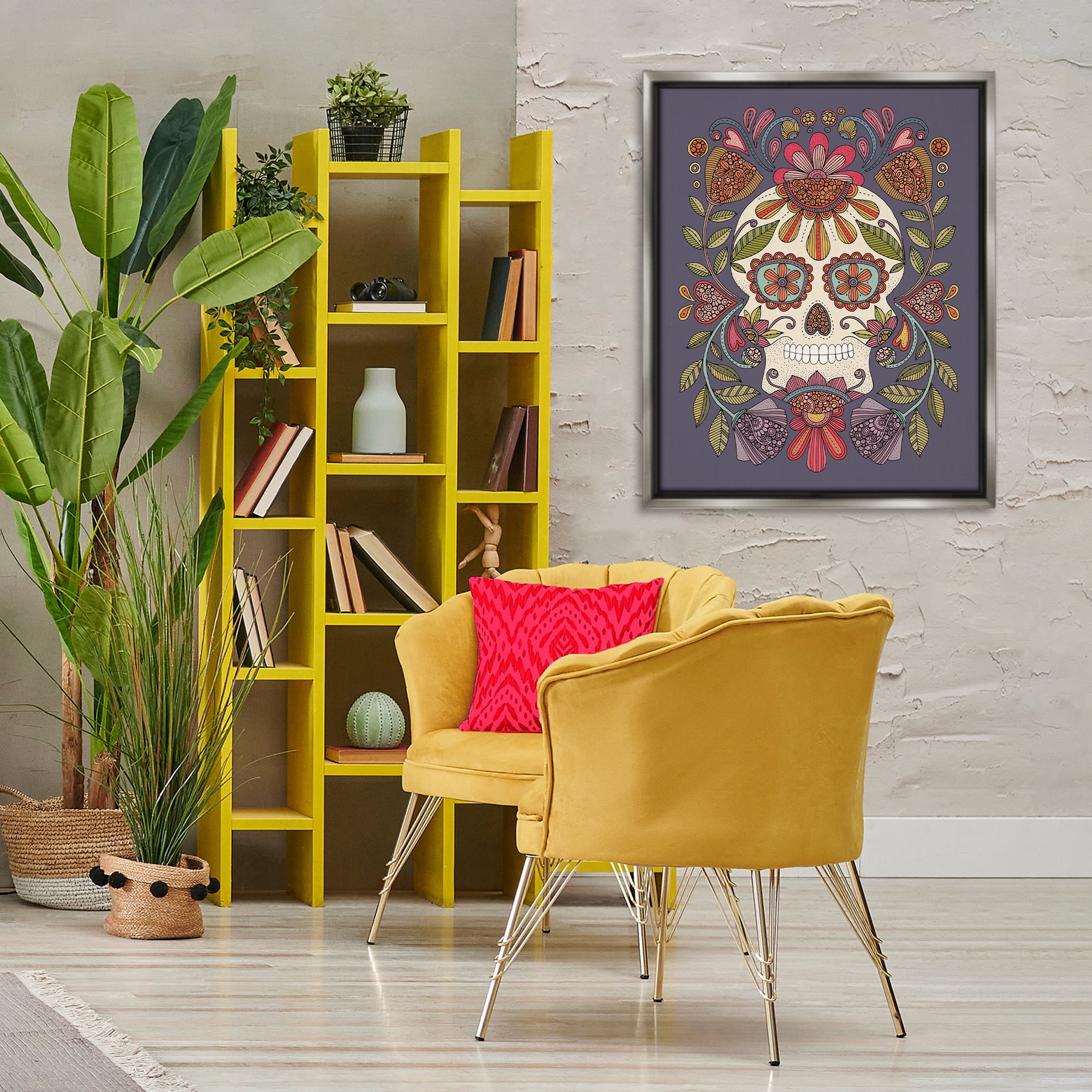 Stupell Industries Patterned Sugar Skull Holiday Painting Gray Floater Framed Art Print Wall Art, 25 x 31