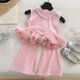 thumbnail image 5 of Dos Piezas de Conjunto de Pantalones Cortos para Niñas sin Mangas Empalme Camiseta con Pantalones de Estiramiento, Traje de Moda de Moda para Niños Pequeños Uso Diario de Verano, 5 of 6