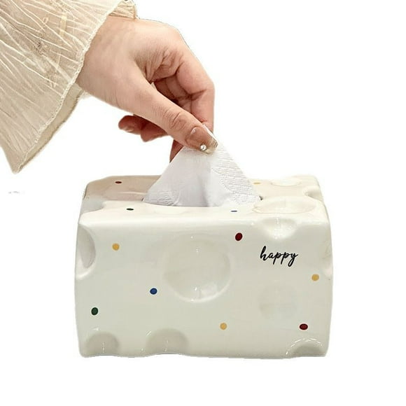 Cubierta de caja de pañuelos de cerámica con diseño de queso con puntos de colores