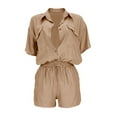 thumbnail image 6 of Liacowi Ladies Summer Leisure Suit, Solid Color Loose Lapel Short Sleeve Single-breasted Pocket Shirt Tops + Drawstring Shorts Set, 6 of 9