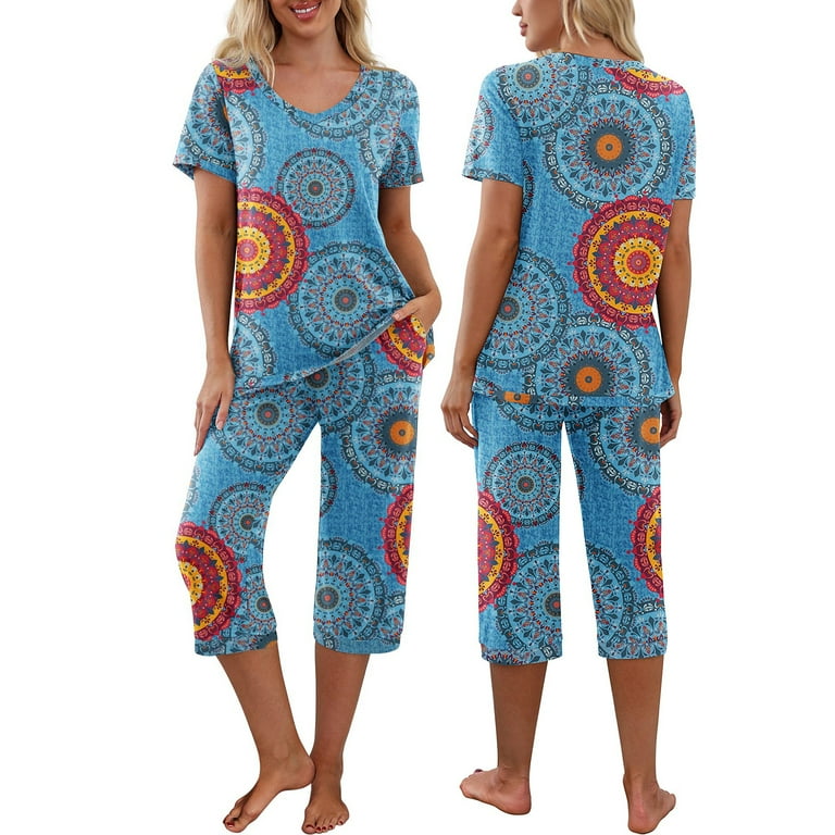 Womens Lounge Pajamas Sets Short Sleeve Top with Capri Pant Casual