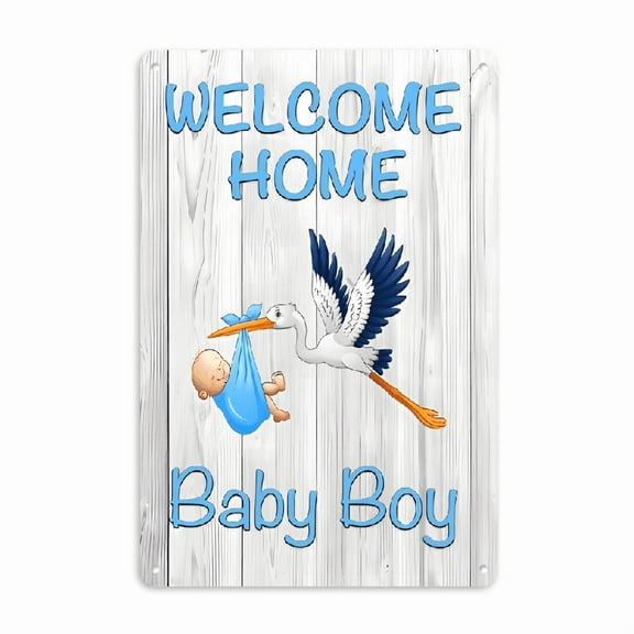 Welcome Home Youngsters Boy Metal Sign – Gender Reveal & Youngsters Announcement Decoration, 12*8 Inch, Indoor_Outdoor Use, Durable Tinplate with Stork Design, Perfect for Living Room, Bedroom