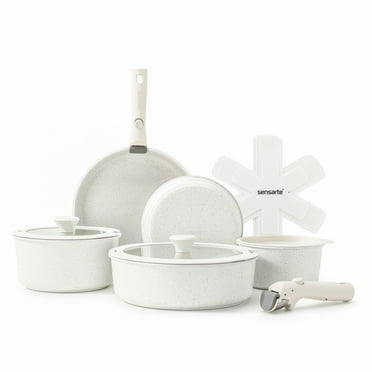SENSARTE Nonstick Pots and Pans Set with Detachable Handle, 14Pcs Induction Kitchen Cookware Set Stackable, Space Saving Kitchen Cookware Sets(White)