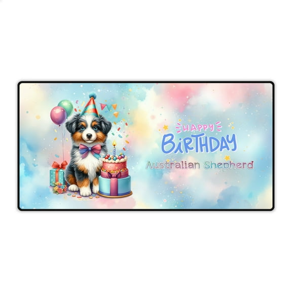 Happy Birthday Cute Puppy Australian Shepherd with Cake Gifts Party Hat Desk Mat Full Keyboard Mouse Pad Aussie Dog Lover Gifts Large Mousepad - 00029