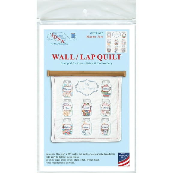 Jack Dempsey Stamped White Wall Or Lap Quilt 36"X36"-Mason Jars