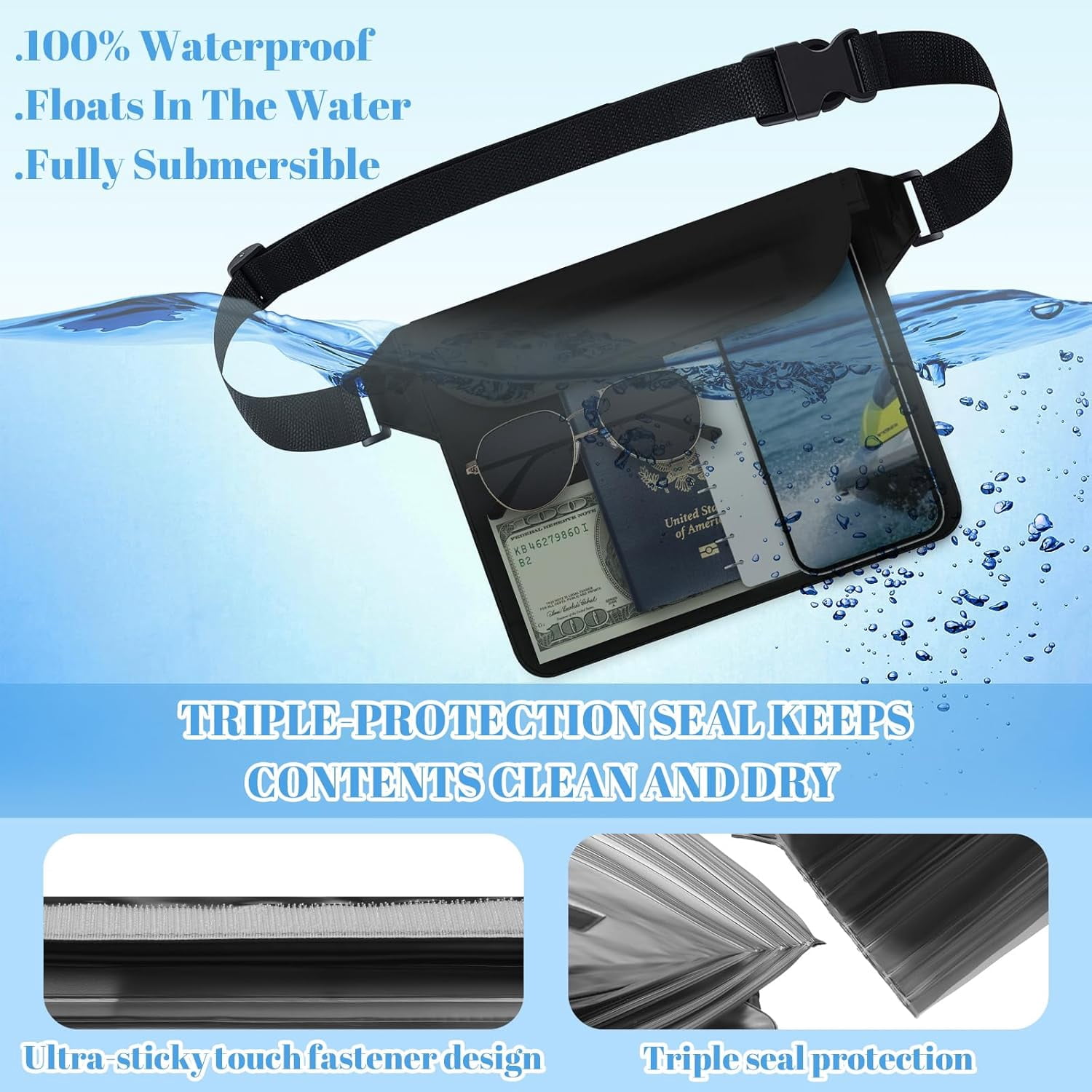 6 Pcs Waterproof Pouch with Waist Strap Fanny Pack Dry Bag for Phone Wallet Reusable Lightweight Belt Beach Swimming Kayaking Boating Travel Water Activity (Black)
