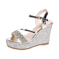thumbnail image 4 of Rokment Women's Sparkly Metallic Sequin Platform Wedge Dressy Sandals Bridal Delicate Elegant Bling Ankle Strap Chunky Dress High Heels Summer Shoes for Wedding Banquet Silver Size 6, 4 of 6