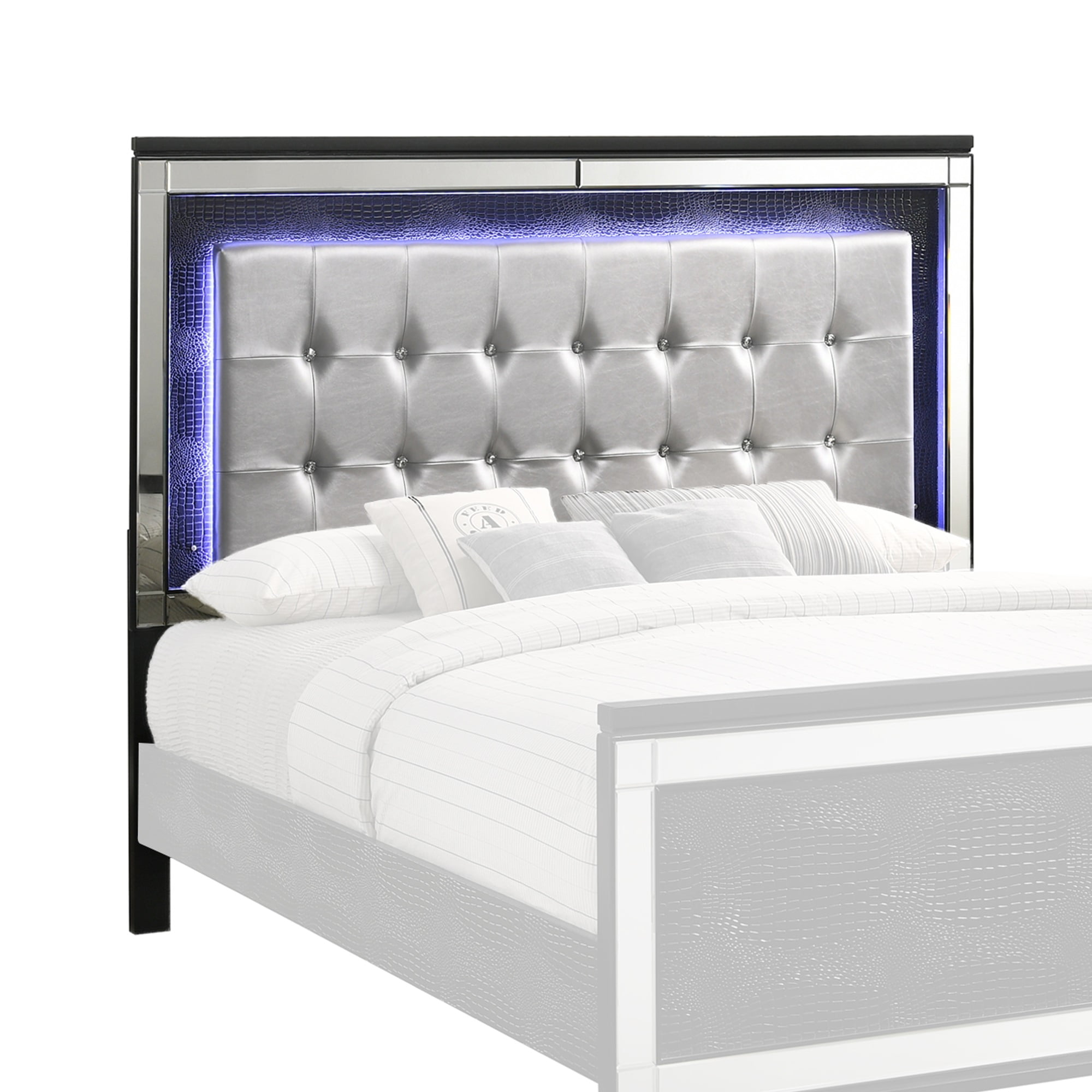 Contemporary King Size Wood Headboard with LED and Mirror Trim, Black