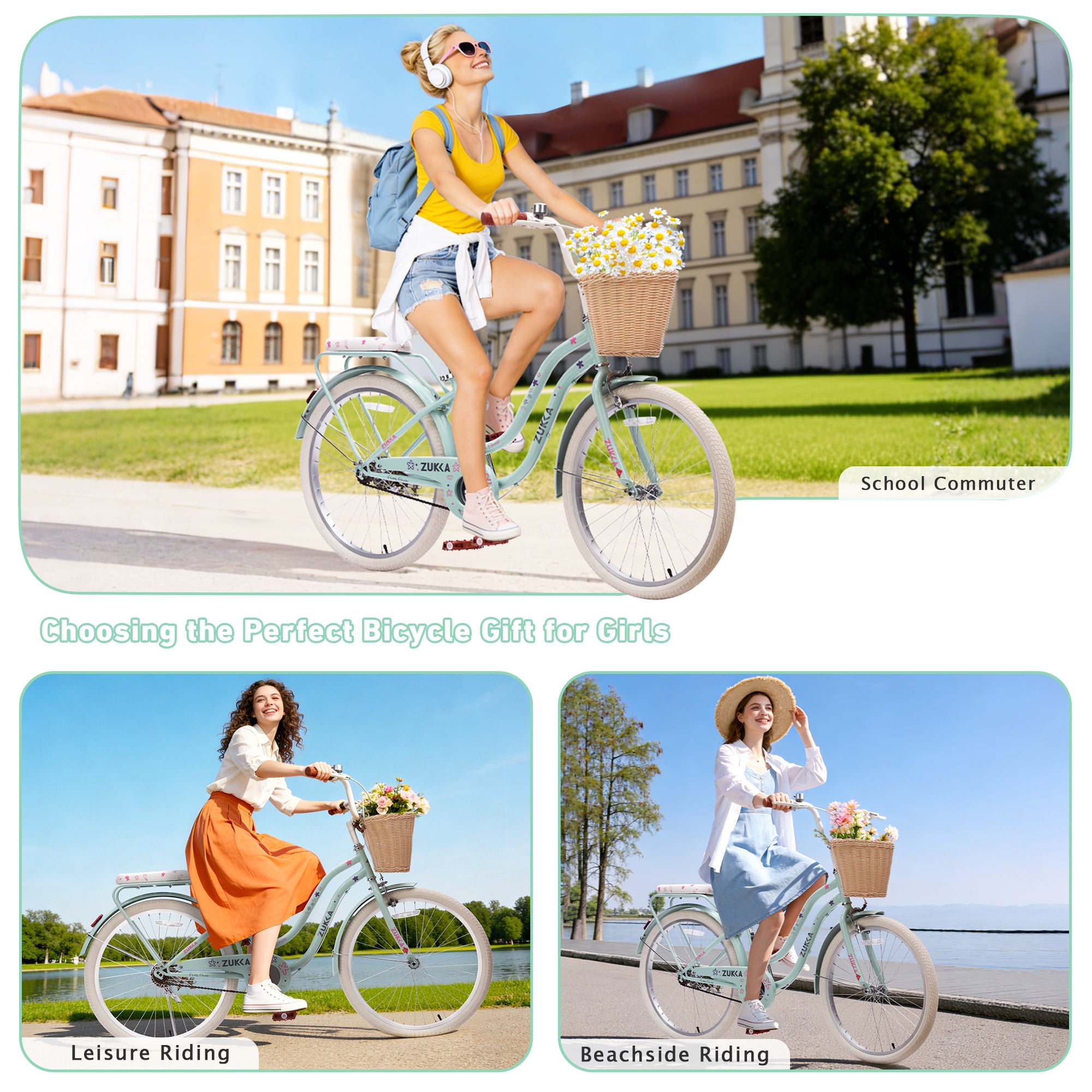 24 Inch Cruiser Bike for Girls, Single Speed Commuter Bicycle with Wicker Basket & Rear Rack, High Carbon Steel Frame Comfort City Bike for Outdoor Riding