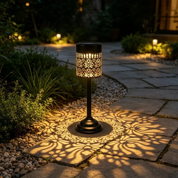Aaihamo Outdoor Solar Table Lamp, Black Openwork Waterproof Ironwork LED Projection Light, Solar Powered Peony Flower Table Lamp for Outdoor Garden Yard