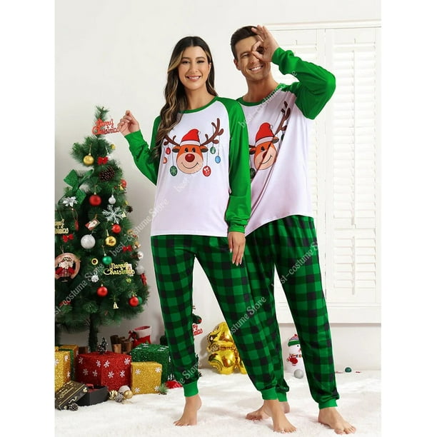 Pijama a juego de manga larga para hombre y mujer conjunto de ropa de Navidad traje de casa con rayas verdes y Rojas Bodega Aurrera en linea