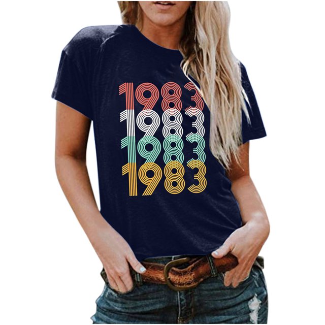 Chemises à Manches Courtes pour Femmes Mode Décontractée 1982 Imprimé Col Rond Ample T-Shirt à Manches Courtes Chandail Hauts Hauts à Manches Courtes pour Femmes Hauts à Manches Courtes pour Femmes