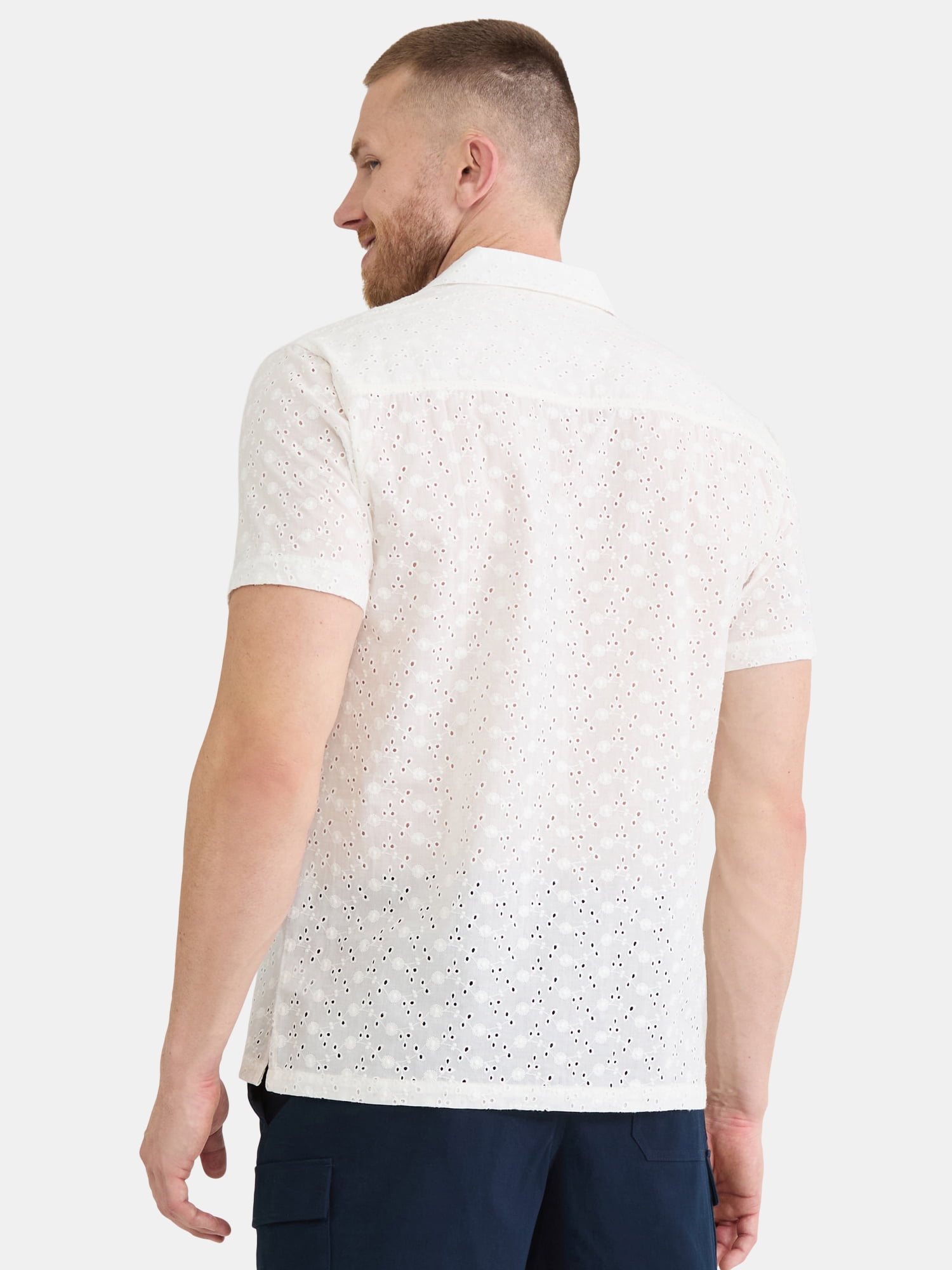 Fly By Night Men’s and Big Men’s Embroidered Cotton Eyelet Button Up Shirt with Short Sleeves, Sizes S-3XL