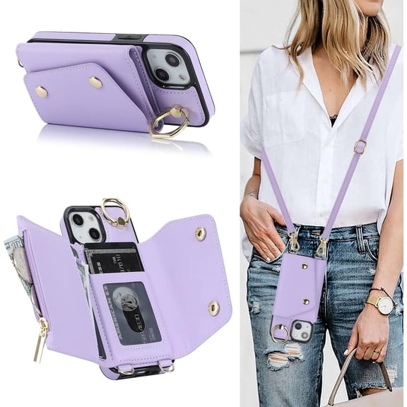 for iPhone 15 Plus Case Wallet with Strap for Women,Crossbody Lanyard and Wristlet Strap,Zipper Pocket,Credit Card Holder,Stand Ring,Phone Wallet Cases(6.7 inch,Purple)