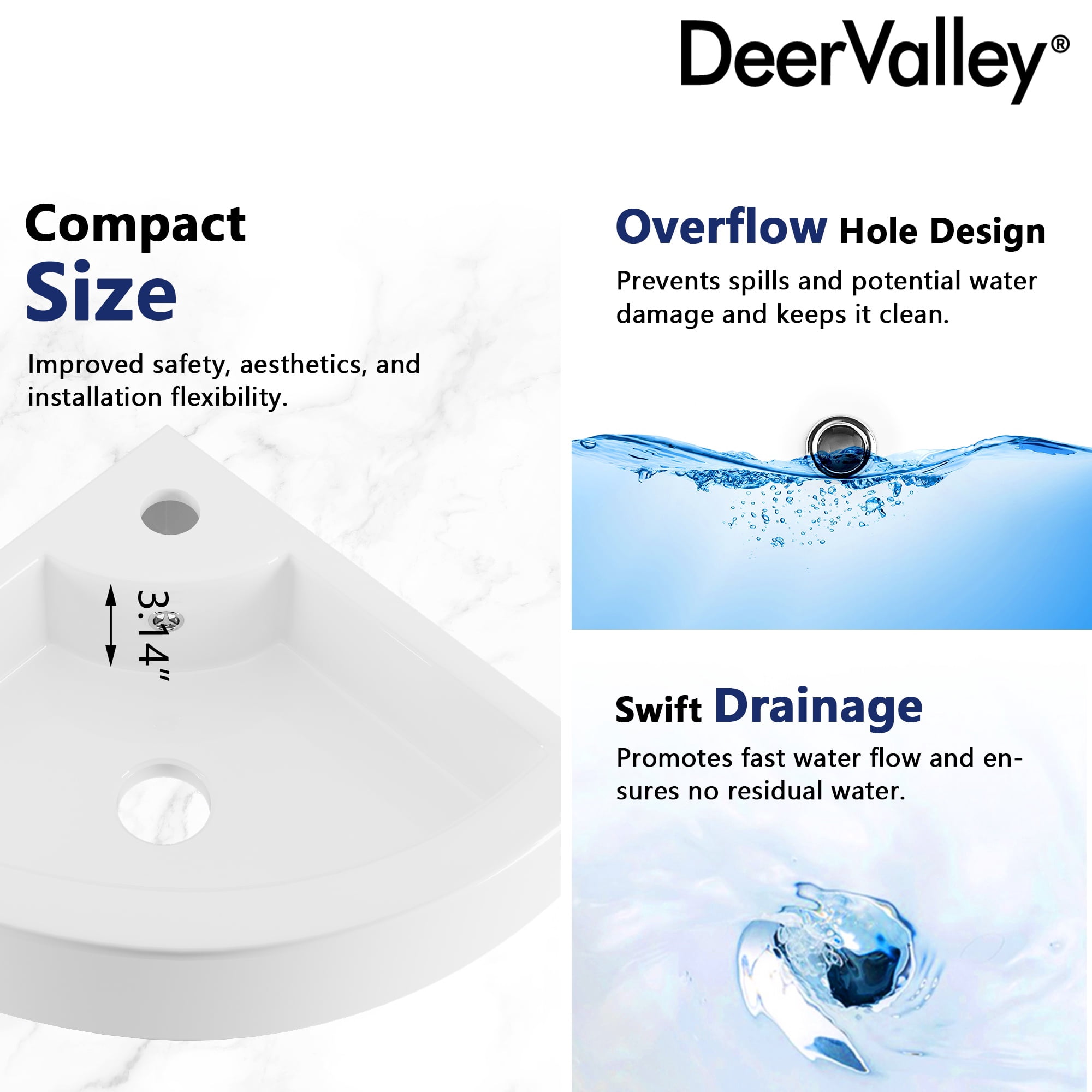 DV-1V0222 DeerValley 18" x 13''White Ceramic Specialty Wall Mount Bathroom Sink with Faucet Hole and Overflow
