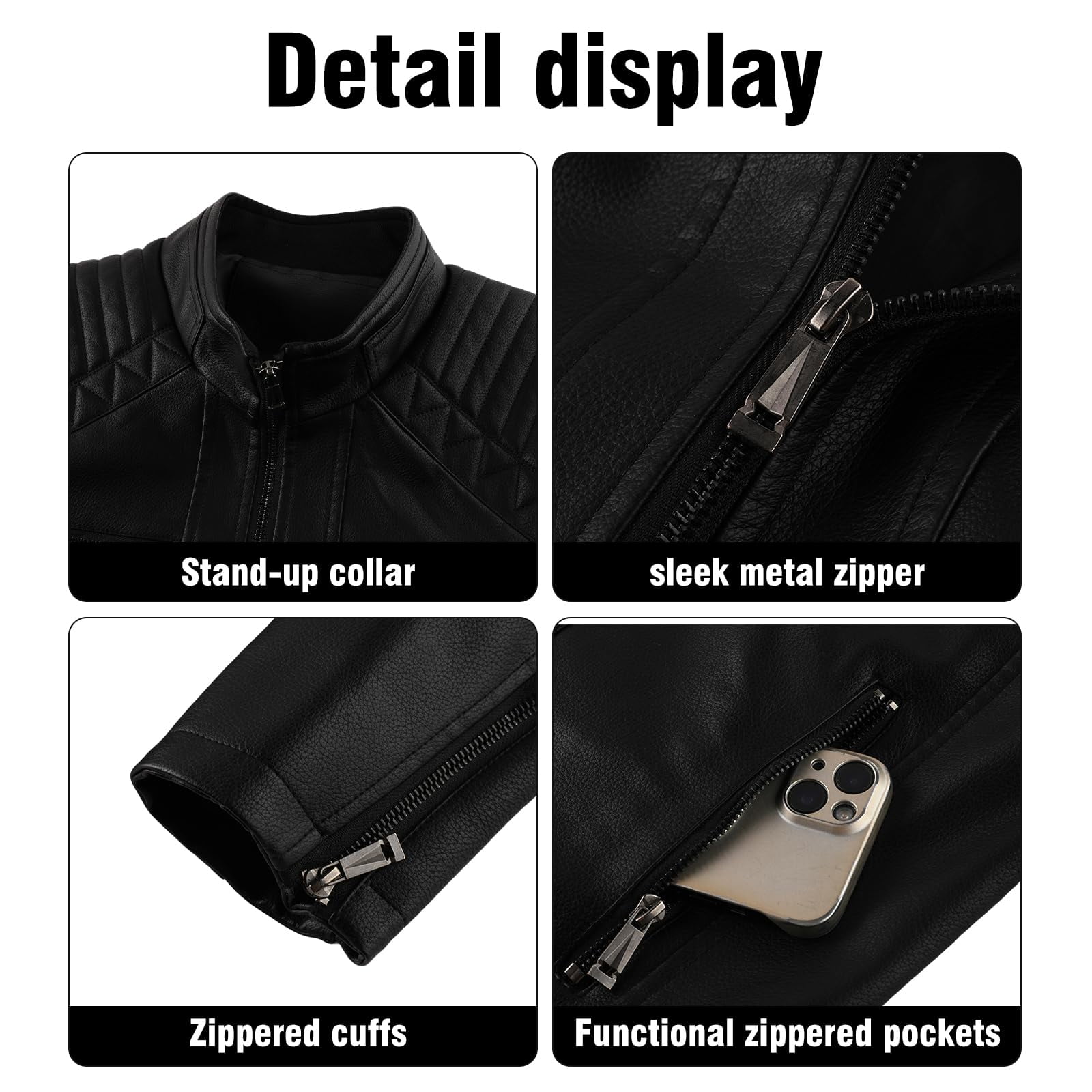 LEDUNTINO Men's Leather Jacket, Stand Collar PU Faux Leather, Zip-Up Motorcycle Bomber Jacket, Slim Fit Biker Coat