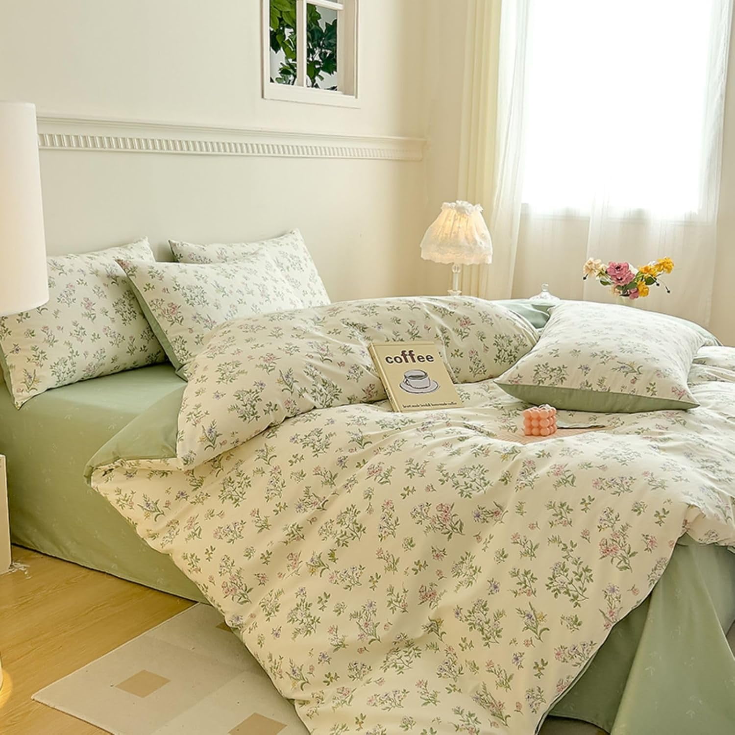 Nayoroom 100% Organic Cotton Duvet Cover Set, 3 Pieces White with Green Leaves Pink Flowers Pattern Reversible Soft Bedding Set King